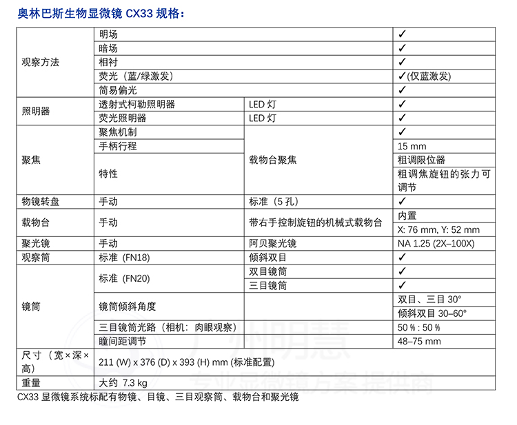 奥林巴斯生物显微镜CX33规格参数-广州市明慧科技有限公司